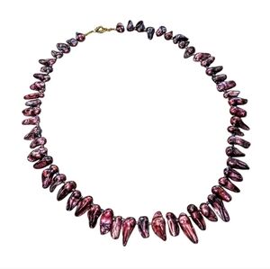 Hand Crafted Iridescent Plum Burgundy Baroque Pearl Spike Necklace Size 18"